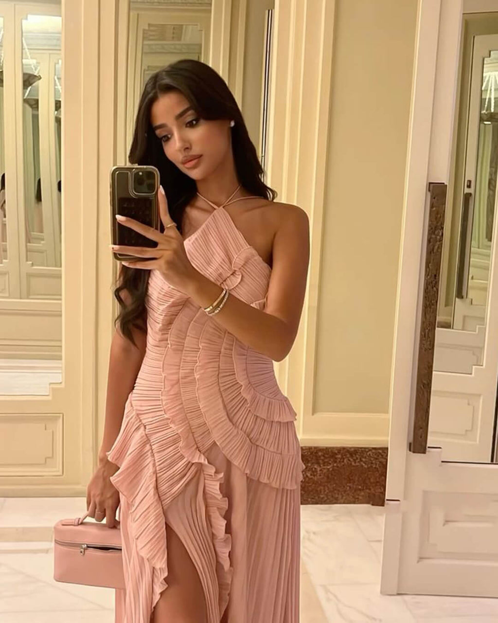 Women's Halter Maxi Dress with Ruffles and A-Line Silhouette - Pink