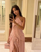 Women's Halter Maxi Dress with Ruffles and A-Line Silhouette - Pink