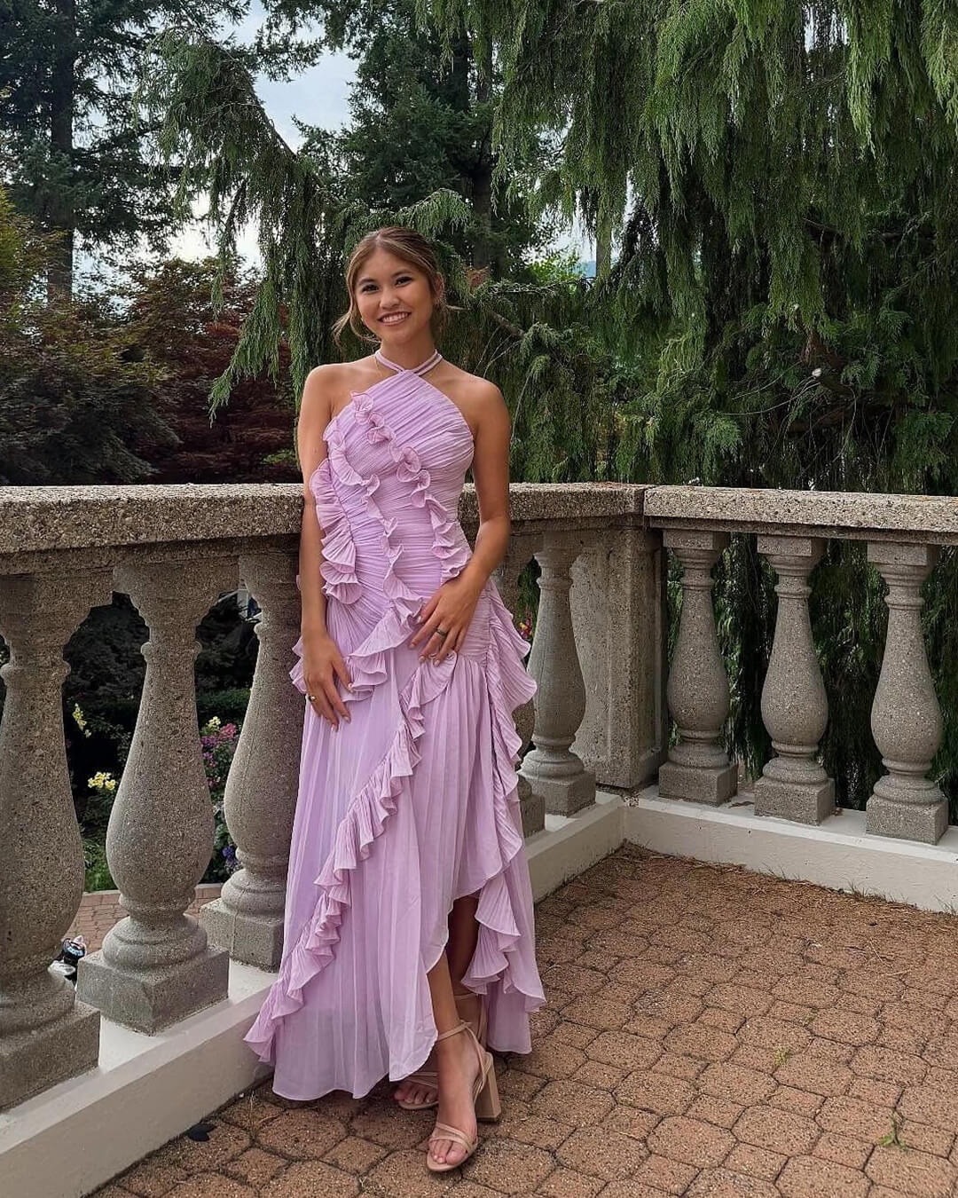 Women's Halter Maxi Dress with Ruffles and A-Line Silhouette - Purple
