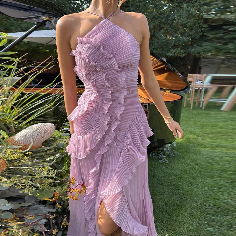 Women's Halter Maxi Dress with Ruffles and A-Line Silhouette - 13