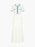 Women's Textured Knit Maxi Dress with Contrast Trim and Button Front - 2