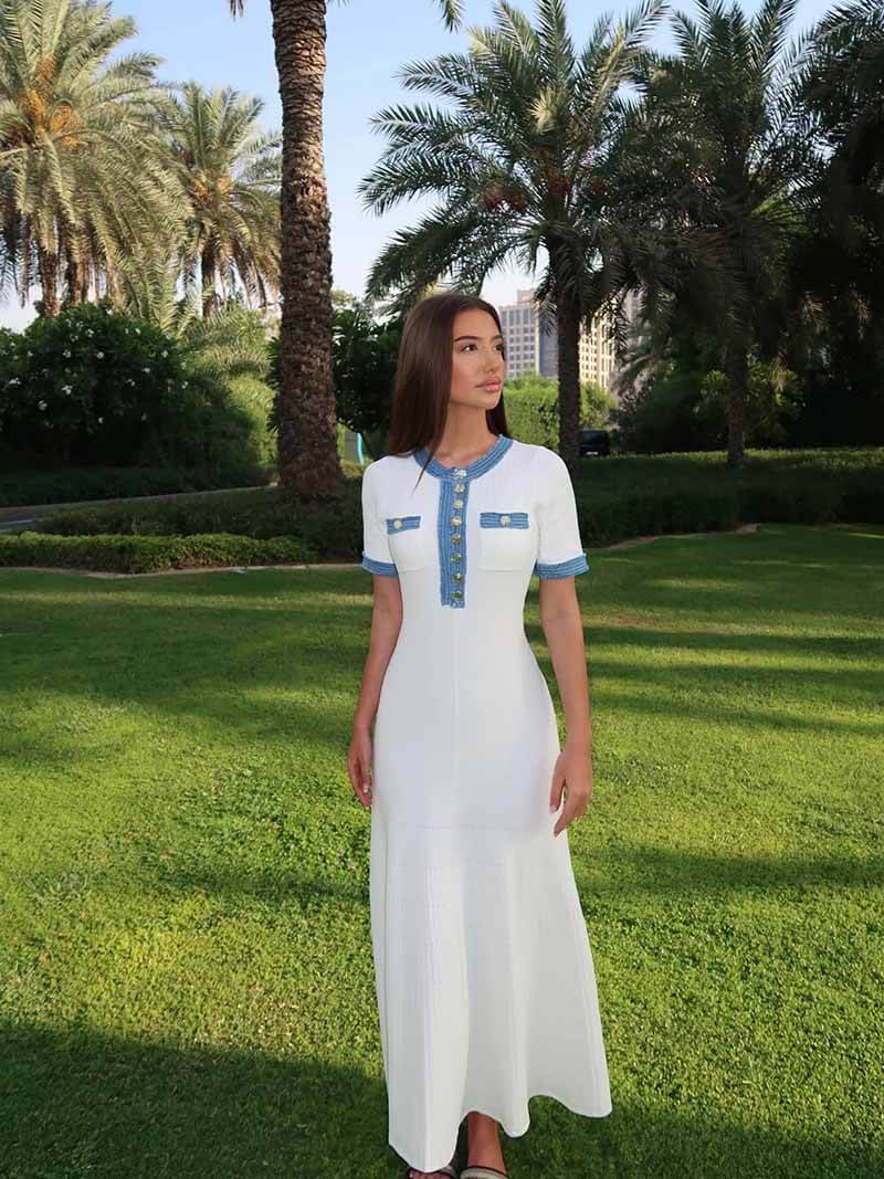 Women's Textured Knit Maxi Dress with Contrast Trim and Button Front - 5