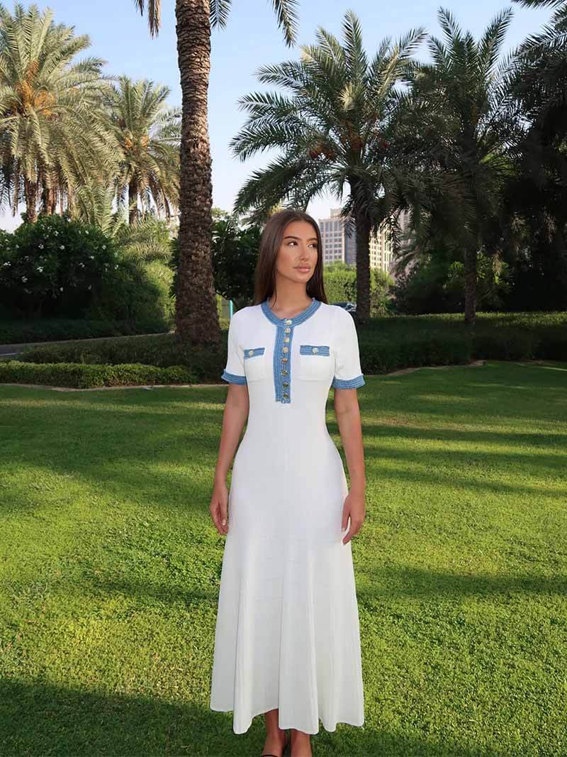 Women's Textured Knit Maxi Dress with Contrast Trim and Button Front - 6