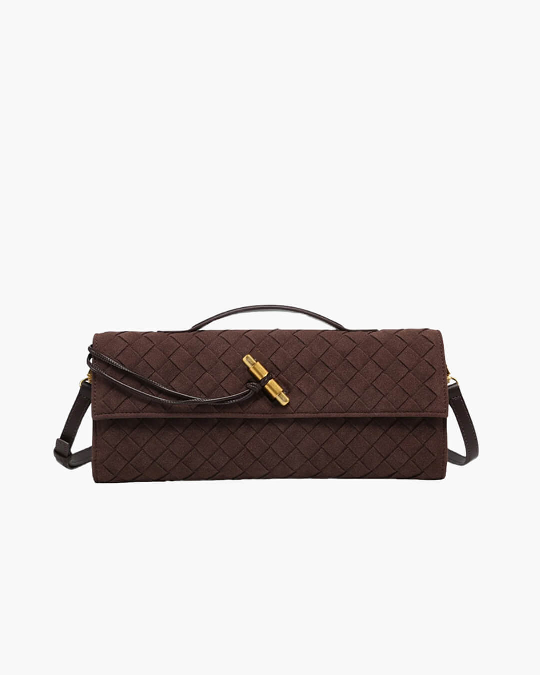 Women's Woven Shoulder Bag with Gold Knot Detail - Dark Brown