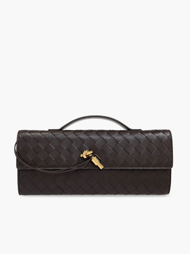 Woven Handbag with Knot and Gold Link Detail - Coffee