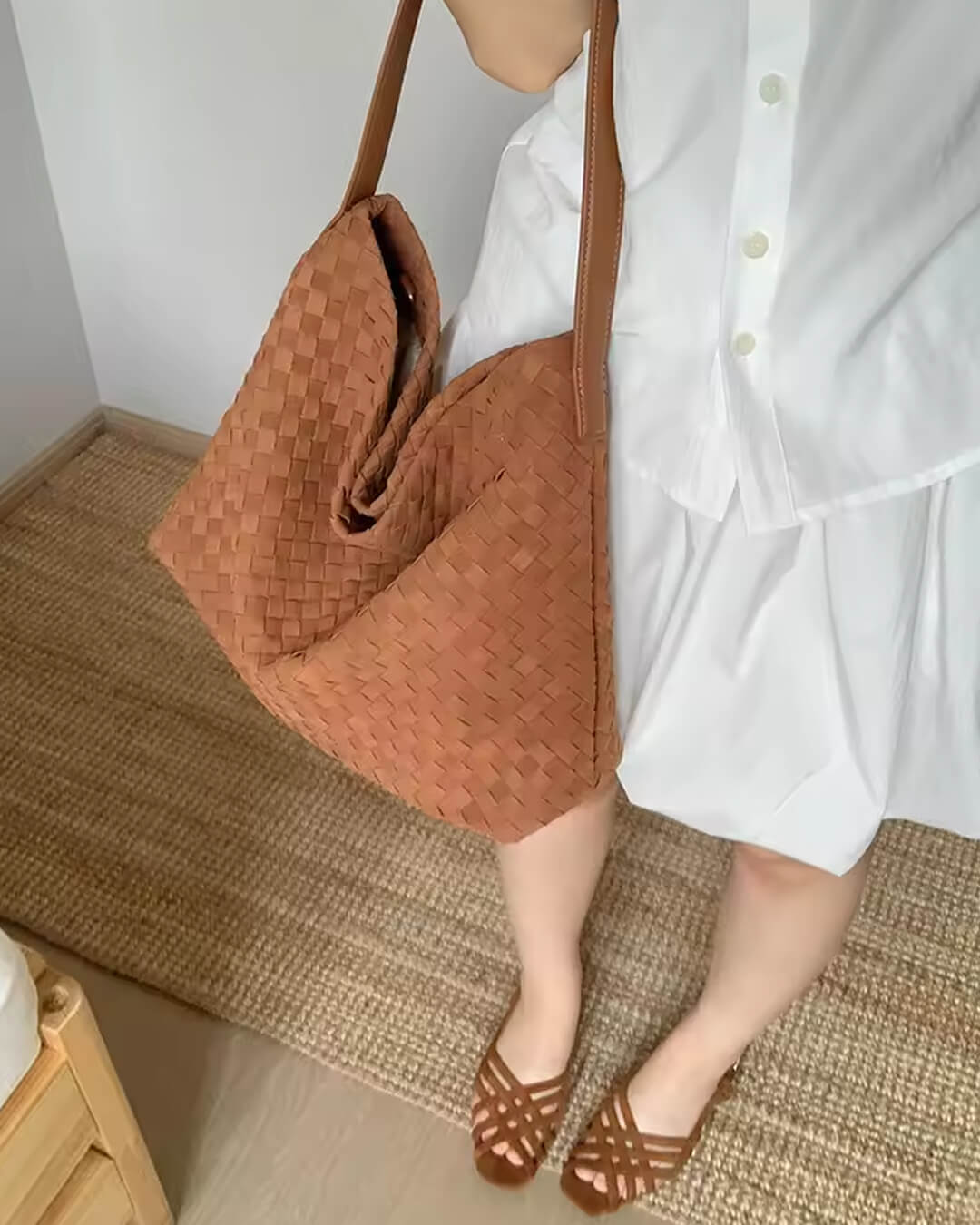 Women's Woven Tote Bag with Minimalist Silhouette - Brown