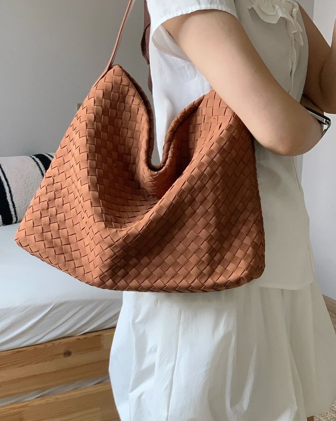 Women's Woven Tote Bag with Minimalist Silhouette - 13