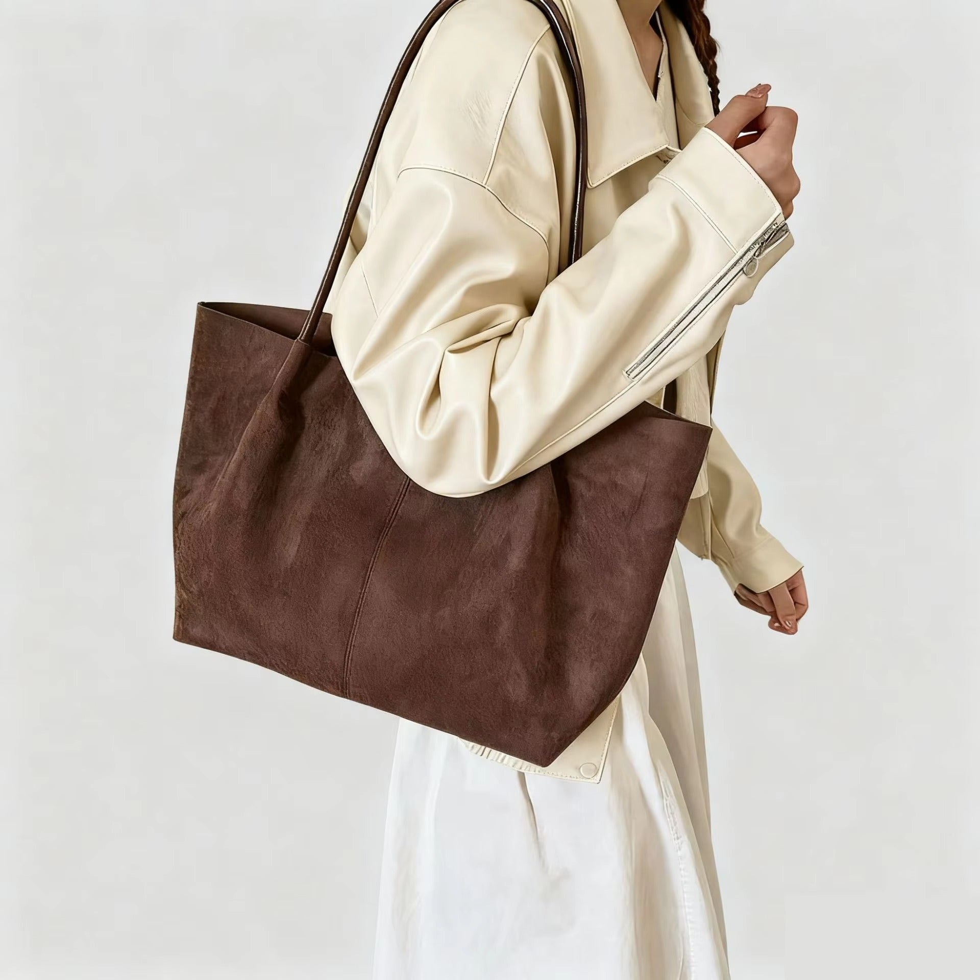 Women's Tote Bag with Pouch Retro Two-Piece Set - Coffee