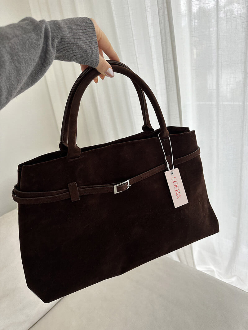 Women's Structured Tote Bag with Belt Detail - 7