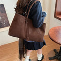 Women's Shoulder Tote Bag with Minimalist Solid Colour Design - Brown