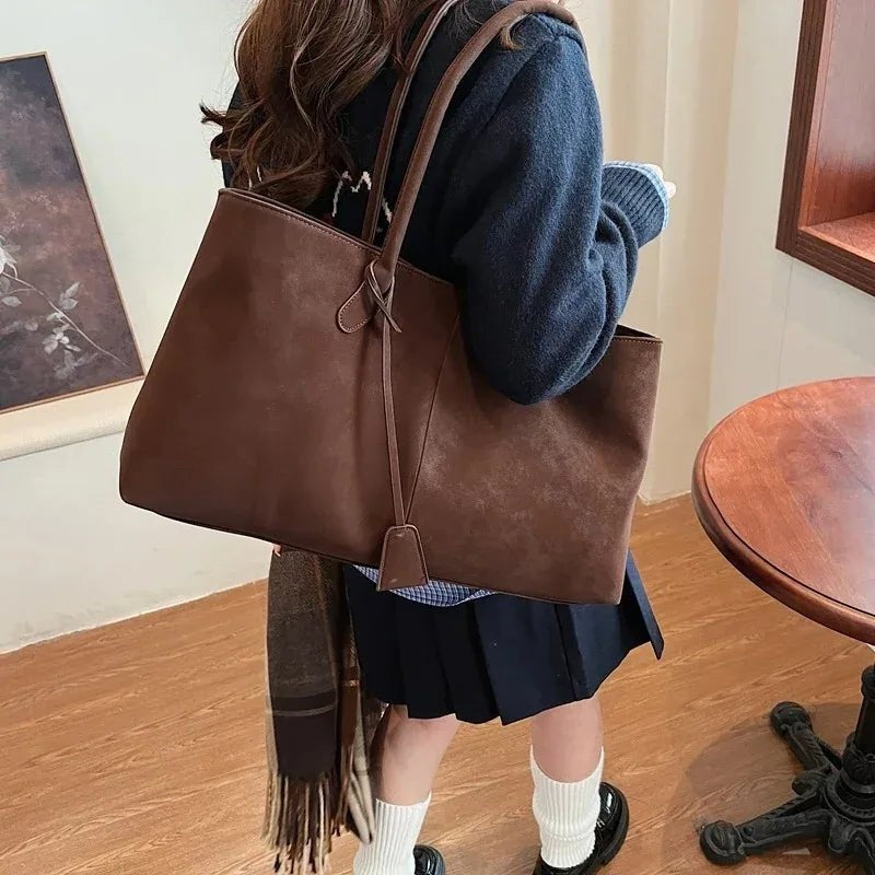 Women's Shoulder Tote Bag with Minimalist Solid Colour Design - Brown