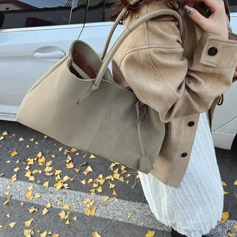 Women's Shoulder Tote Bag with Minimalist Solid Colour Design - Khaki
