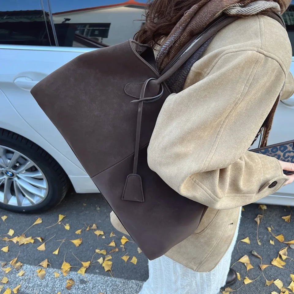 Women's Shoulder Tote Bag with Minimalist Solid Colour Design - Dark Brown