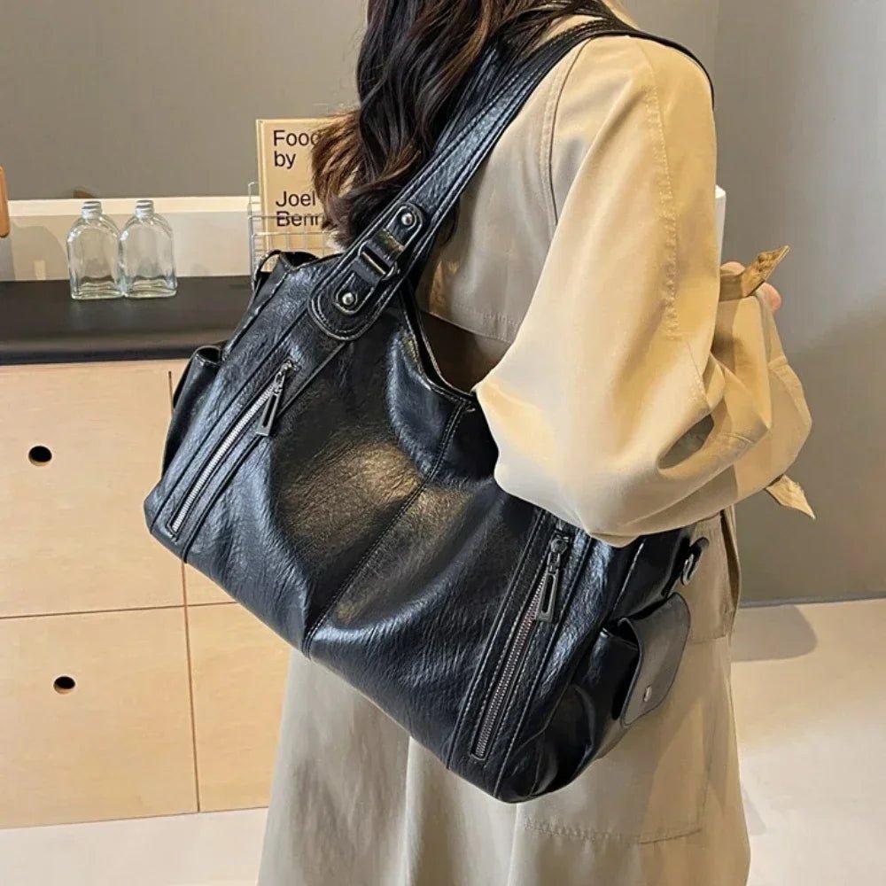 Women's Shoulder Bag with Colour Block Detail and Zip Pockets - Black