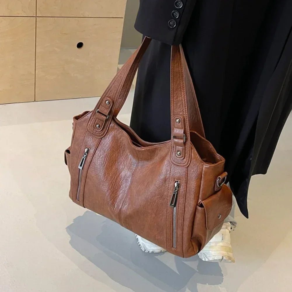Women's Shoulder Bag with Colour Block Detail and Zip Pockets - Brown
