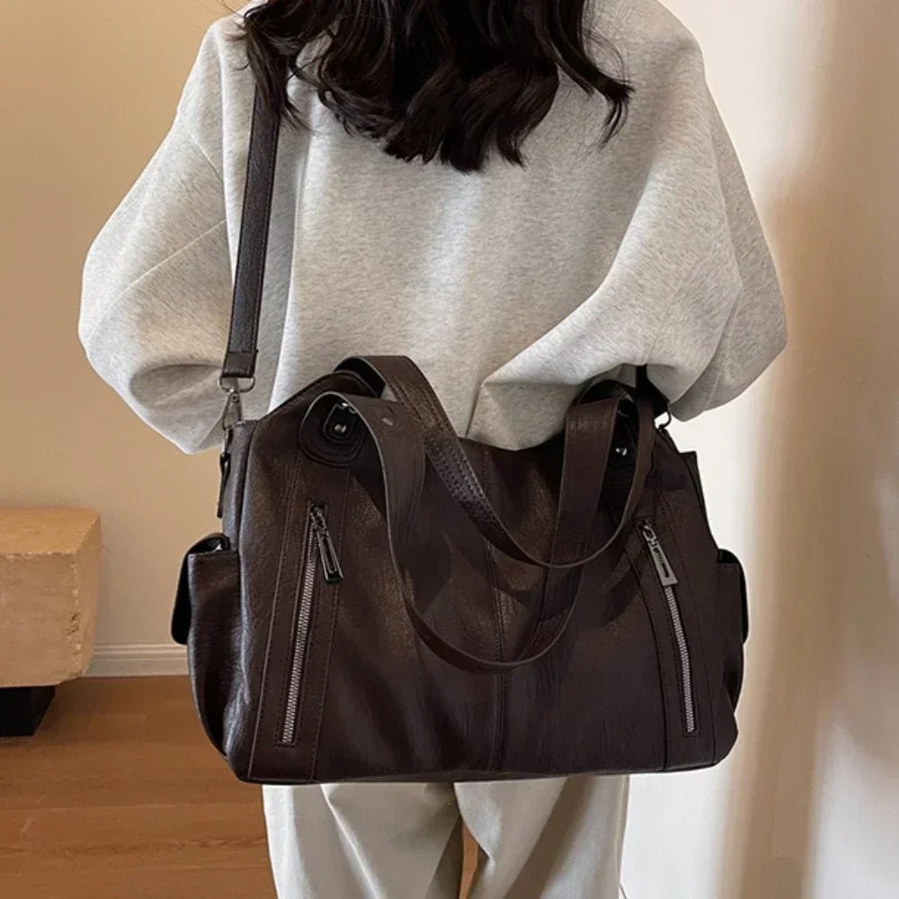 Women's Shoulder Bag with Colour Block Detail and Zip Pockets - Dark Brown