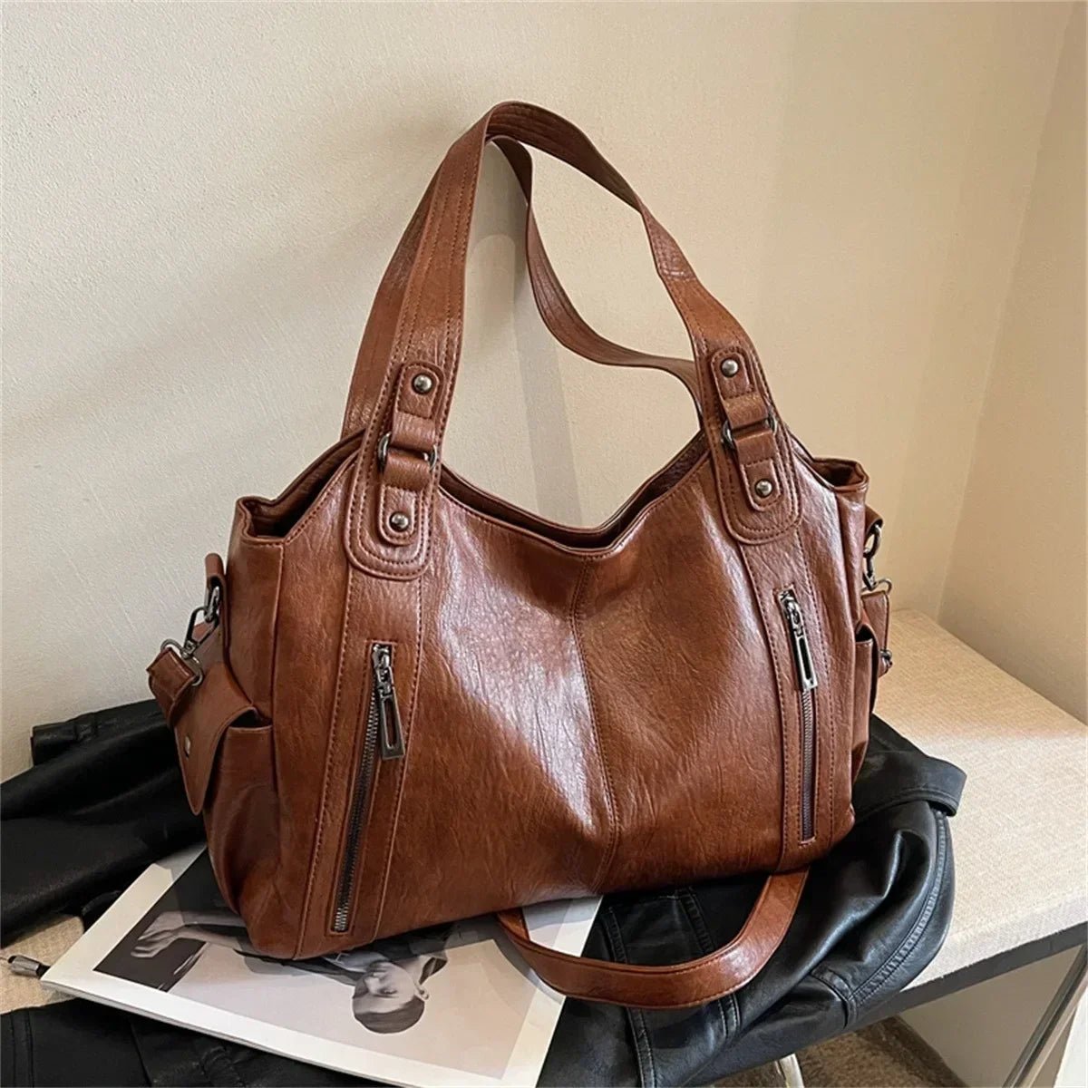 Women's Shoulder Bag with Colour Block Detail and Zip Pockets - 3