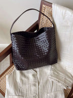 Woven Structured Tote Bag with Shoulder Strap - Dark Brown