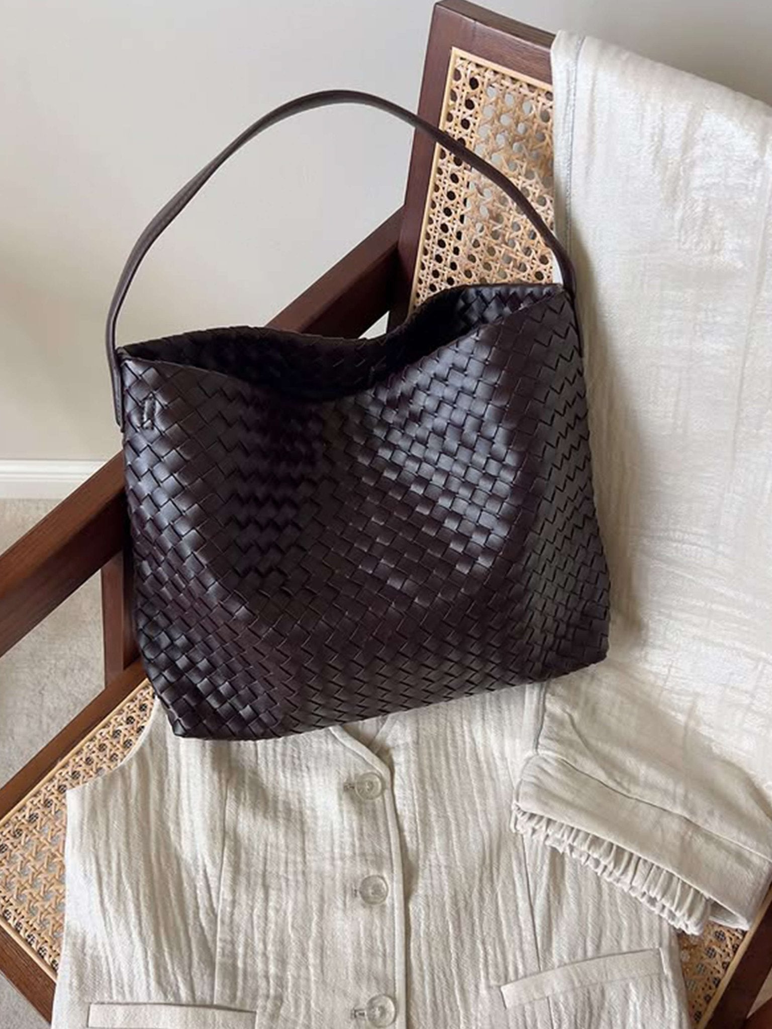 Woven Structured Tote Bag with Shoulder Strap - Dark Brown