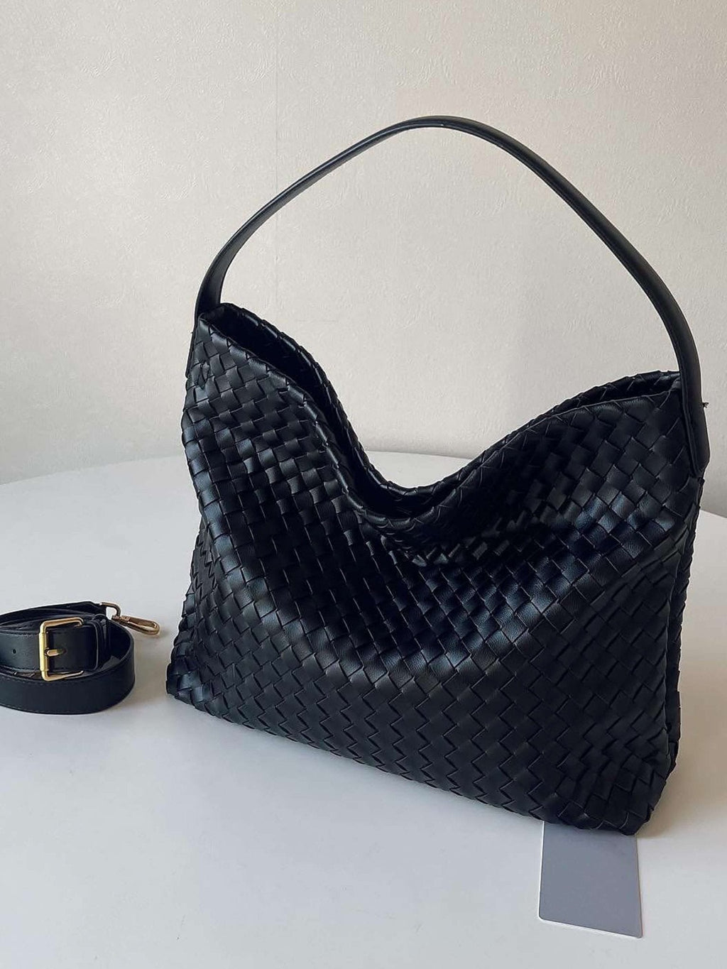 Woven Structured Tote Bag with Shoulder Strap - Black