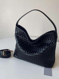 Woven Structured Tote Bag with Shoulder Strap - Black