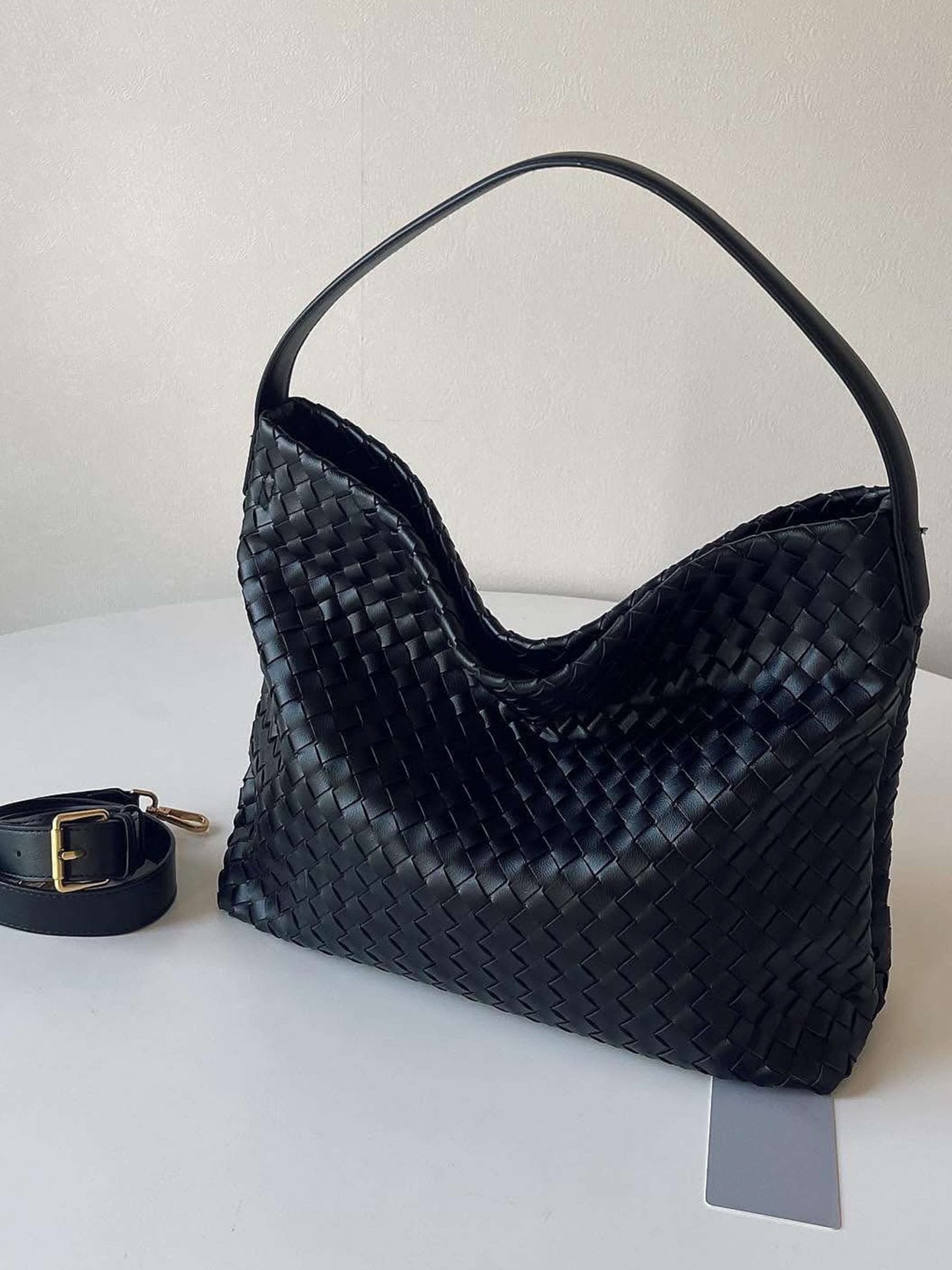 Woven Structured Tote Bag with Shoulder Strap - Black
