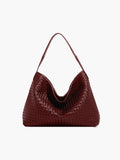 Woven Structured Tote Bag with Shoulder Strap - Burgundy