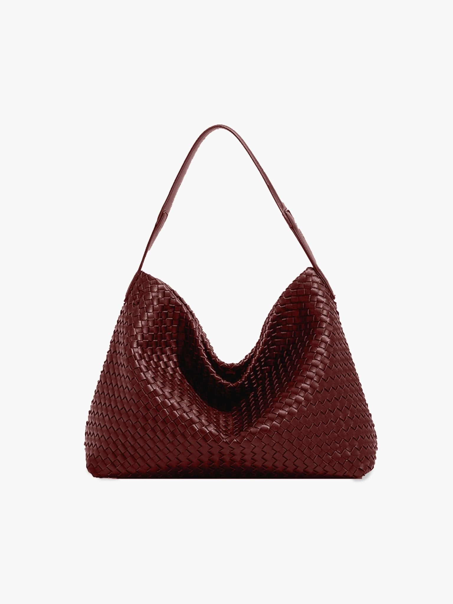 Woven Structured Tote Bag with Shoulder Strap - Burgundy