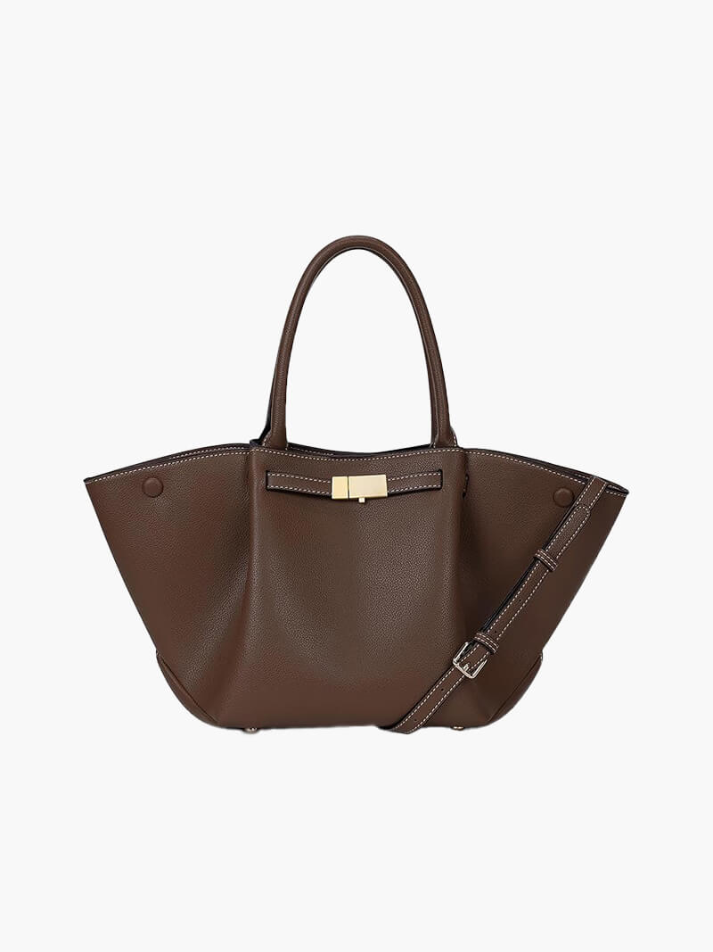 Women's Structured Tote Bag with Faux Suede Finish - Dark Brown