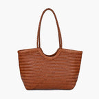 Braided Tote Bag with Woven Faux Leather Design - Light Brown