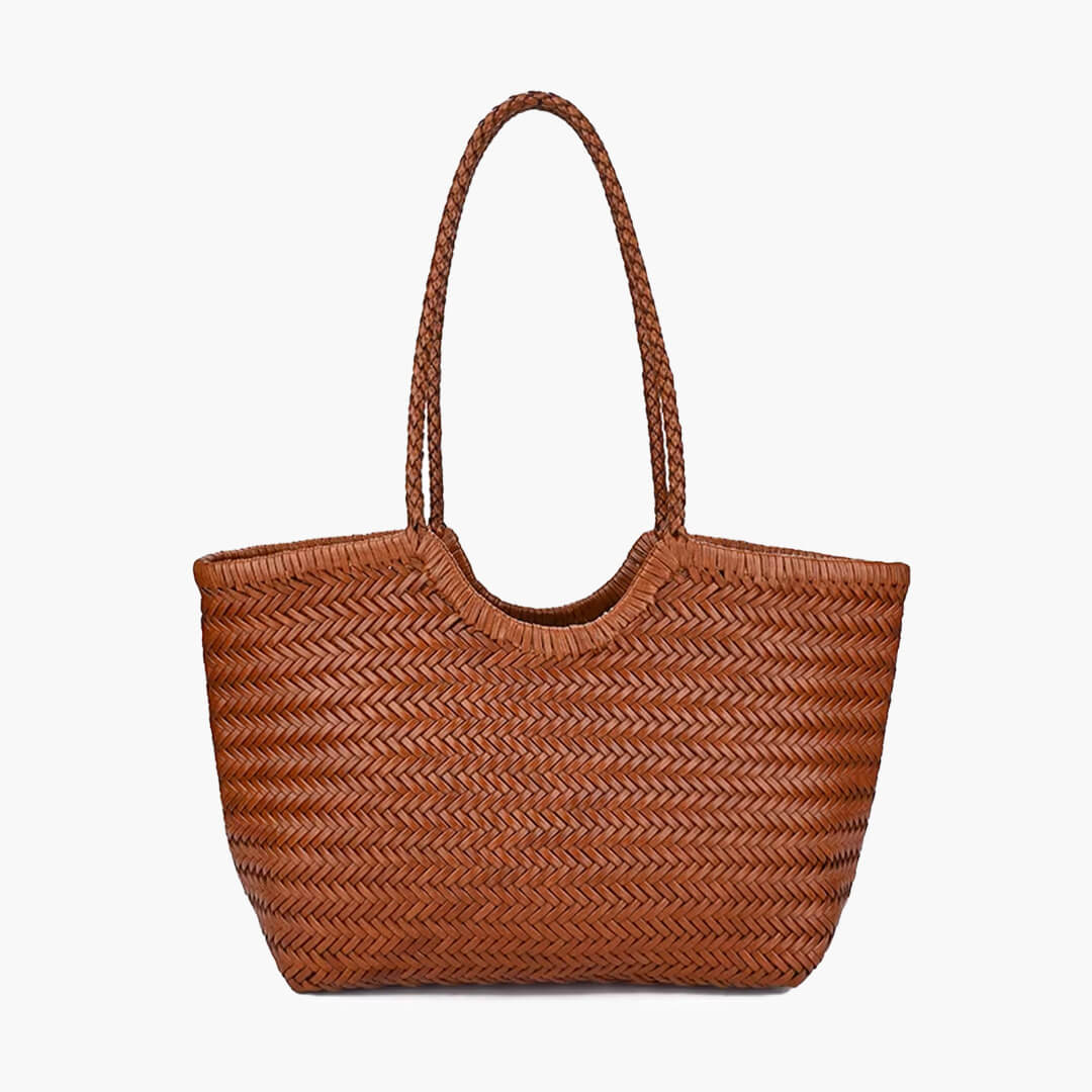 Braided Tote Bag with Woven Faux Leather Design - Light Brown
