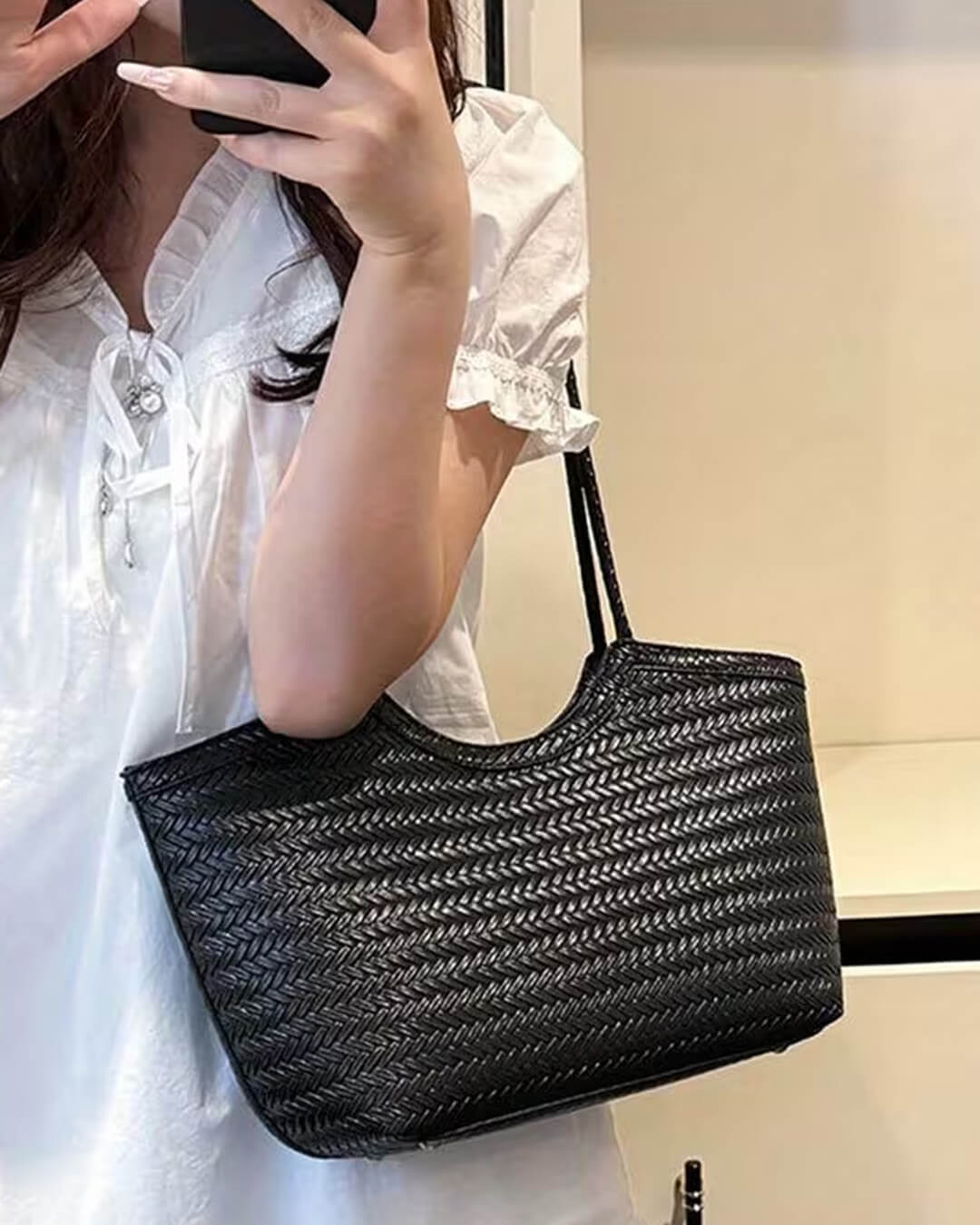 Braided Tote Bag with Woven Faux Leather Design - 5