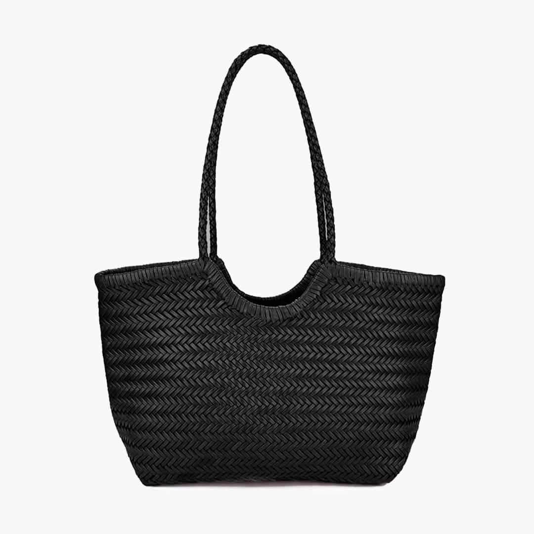 Braided Tote Bag with Woven Faux Leather Design - Black
