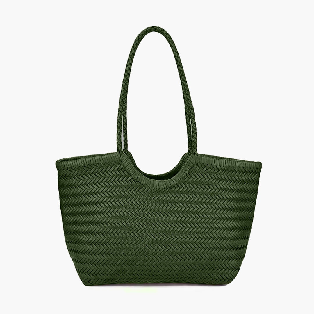 Braided Tote Bag with Woven Faux Leather Design - Green