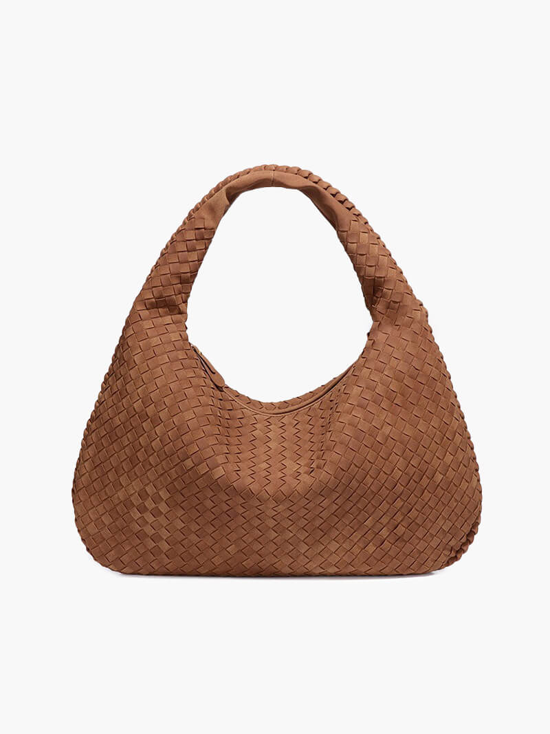 Women's Oversized Woven Tote Bag with Braided Panels - Light Brown