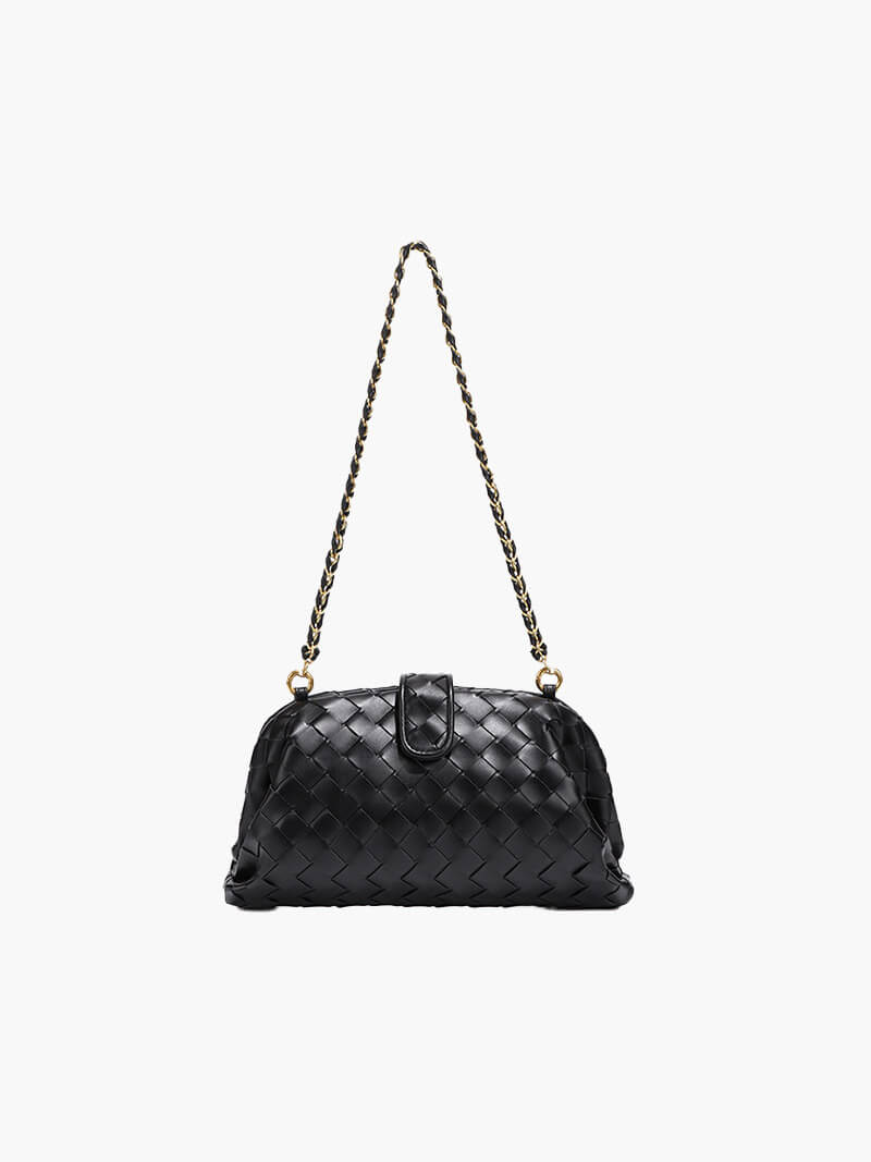 Women's Woven Clutch Bag with Detachable Chain Strap - Black