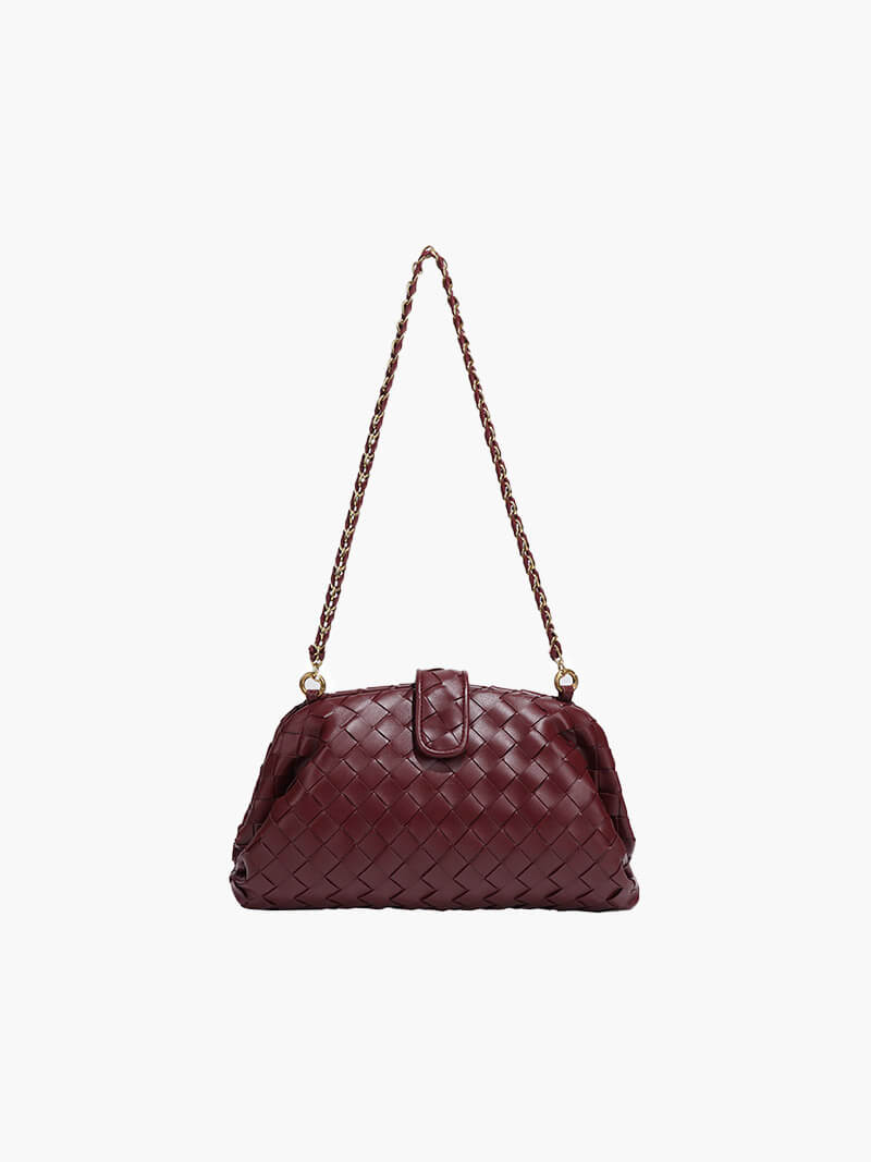 Women's Woven Clutch Bag with Detachable Chain Strap - Burgundy