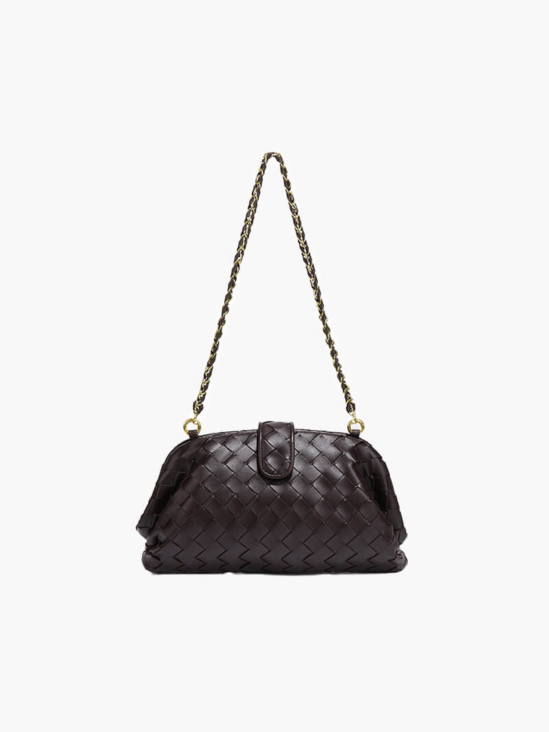 Women's Woven Clutch Bag with Detachable Chain Strap - Coffee