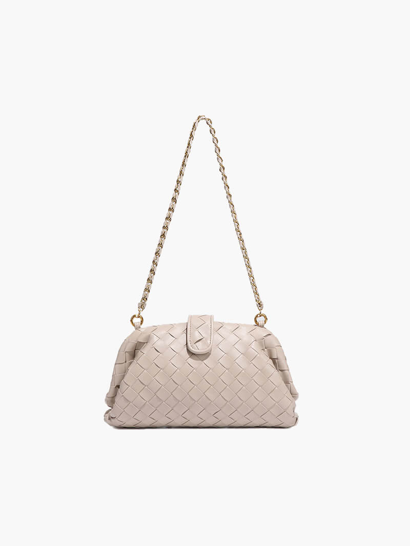Women's Woven Clutch Bag with Detachable Chain Strap - Cream