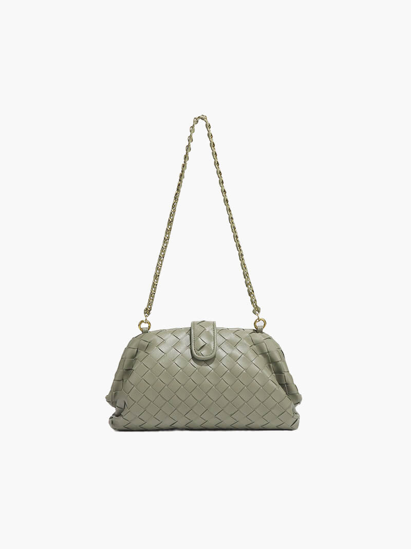 Women's Woven Clutch Bag with Detachable Chain Strap - Olive Green