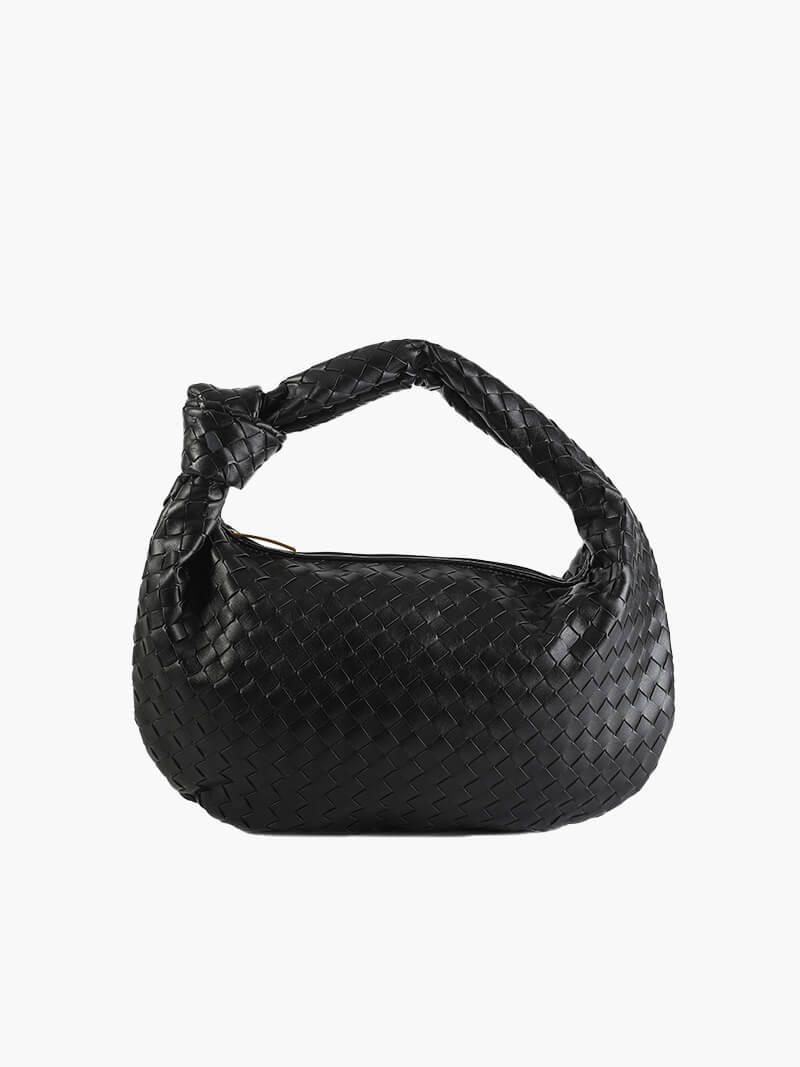 Women's Woven Handbag with Knotted Handle and Minimalist Design - Black