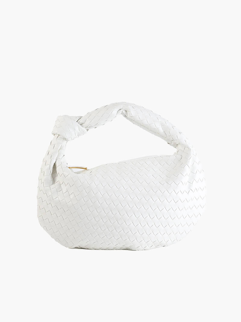 Women's Woven Handbag with Knotted Handle and Minimalist Design - White