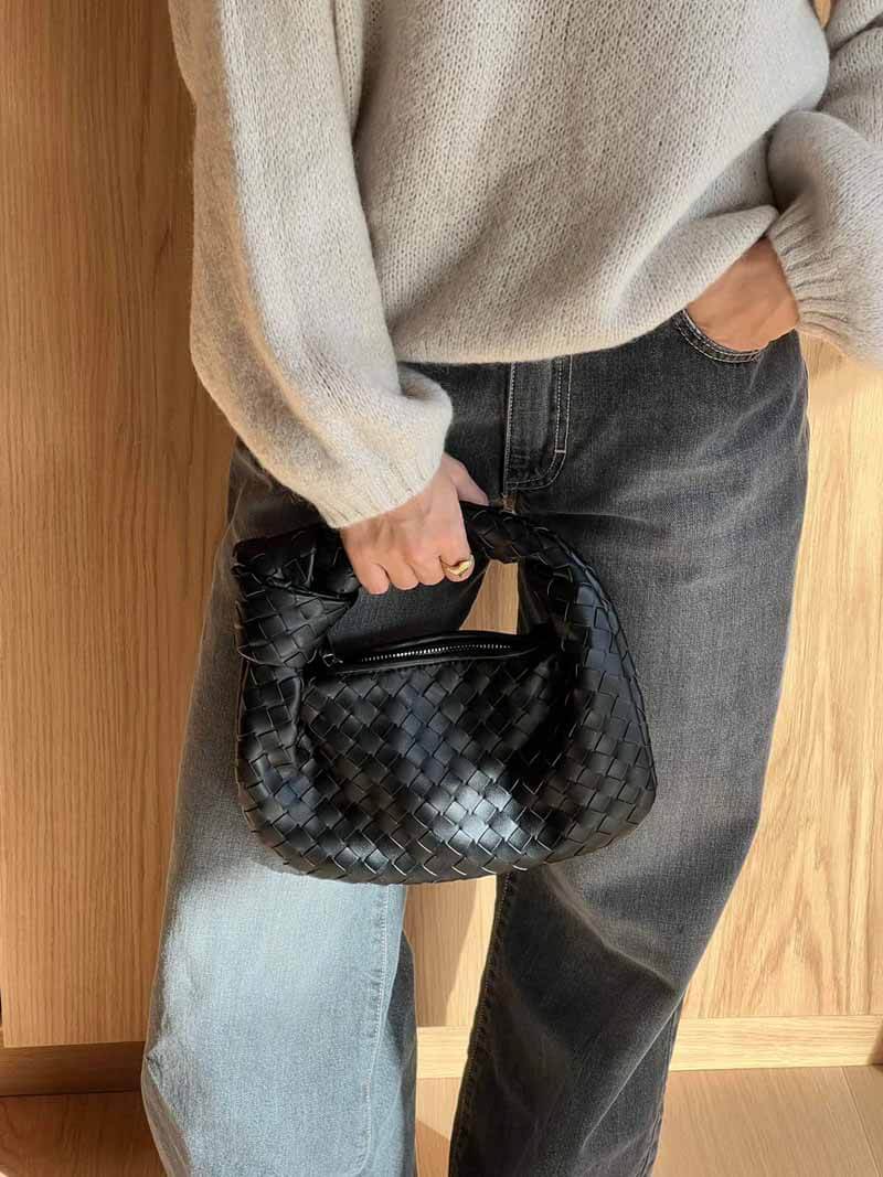 Woven Mini Handbag with Knot Handle and Silver-Tone Hardware - 8