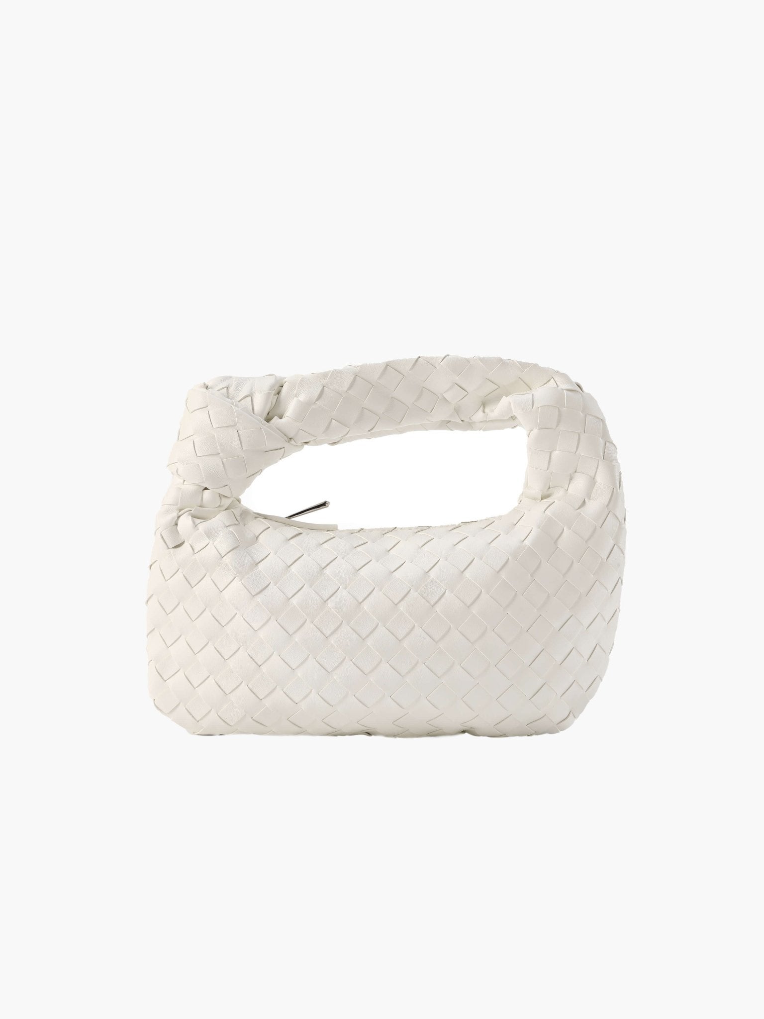 Woven Mini Handbag with Knot Handle and Silver-Tone Hardware - White