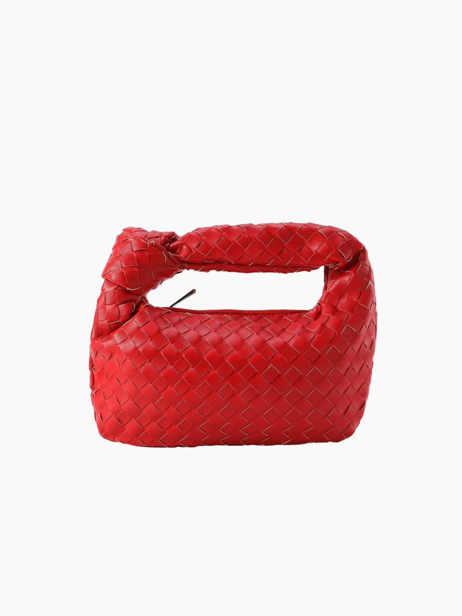 Woven Mini Handbag with Knot Handle and Silver-Tone Hardware - Red