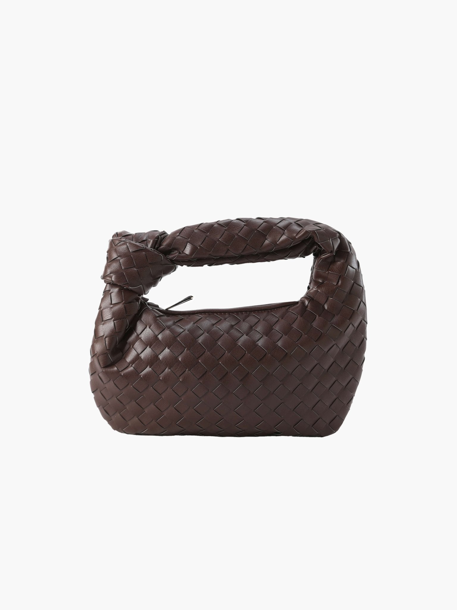 Woven Mini Handbag with Knot Handle and Silver-Tone Hardware - Coffee