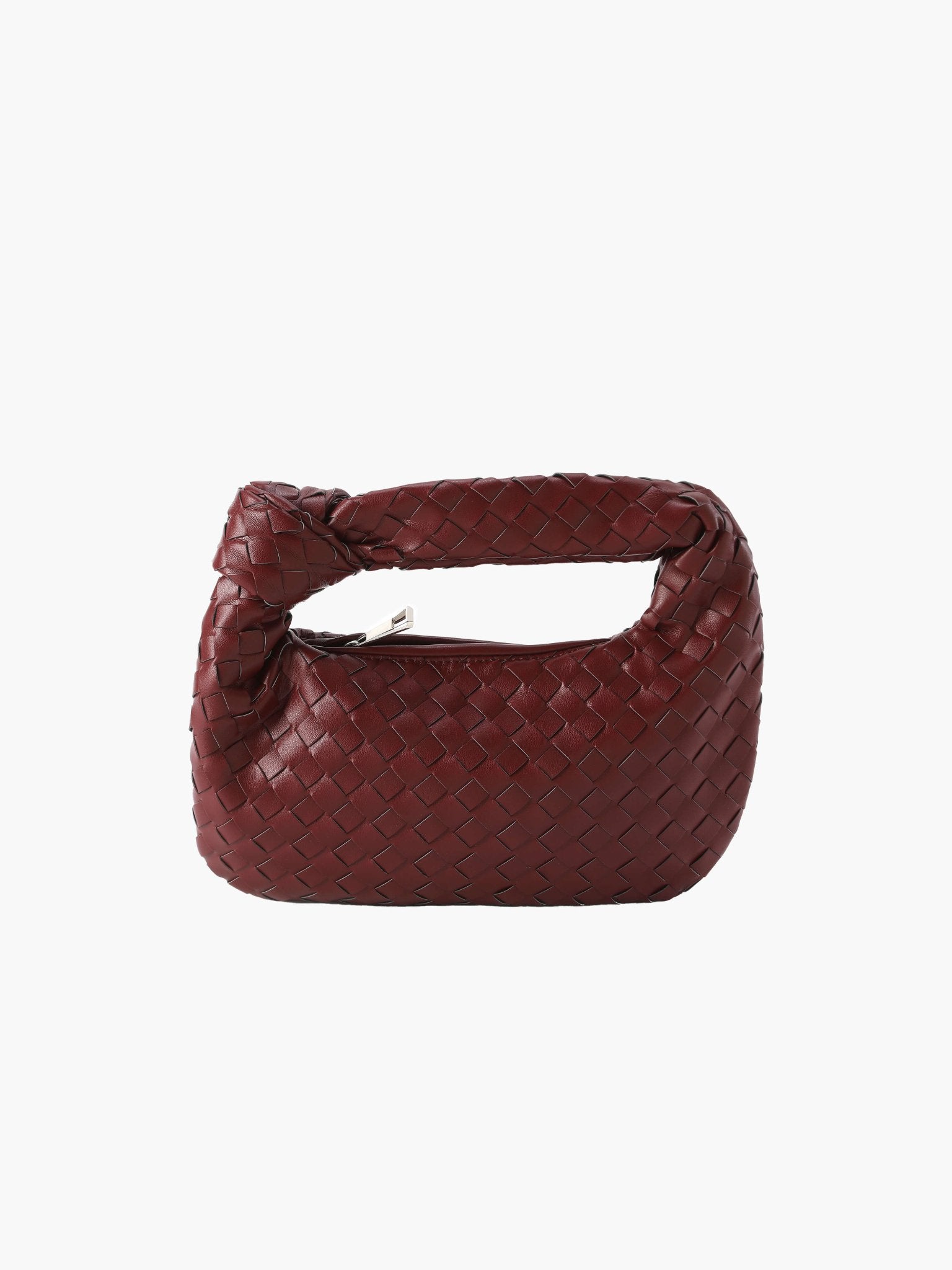 Woven Mini Handbag with Knot Handle and Silver-Tone Hardware - Burgundy
