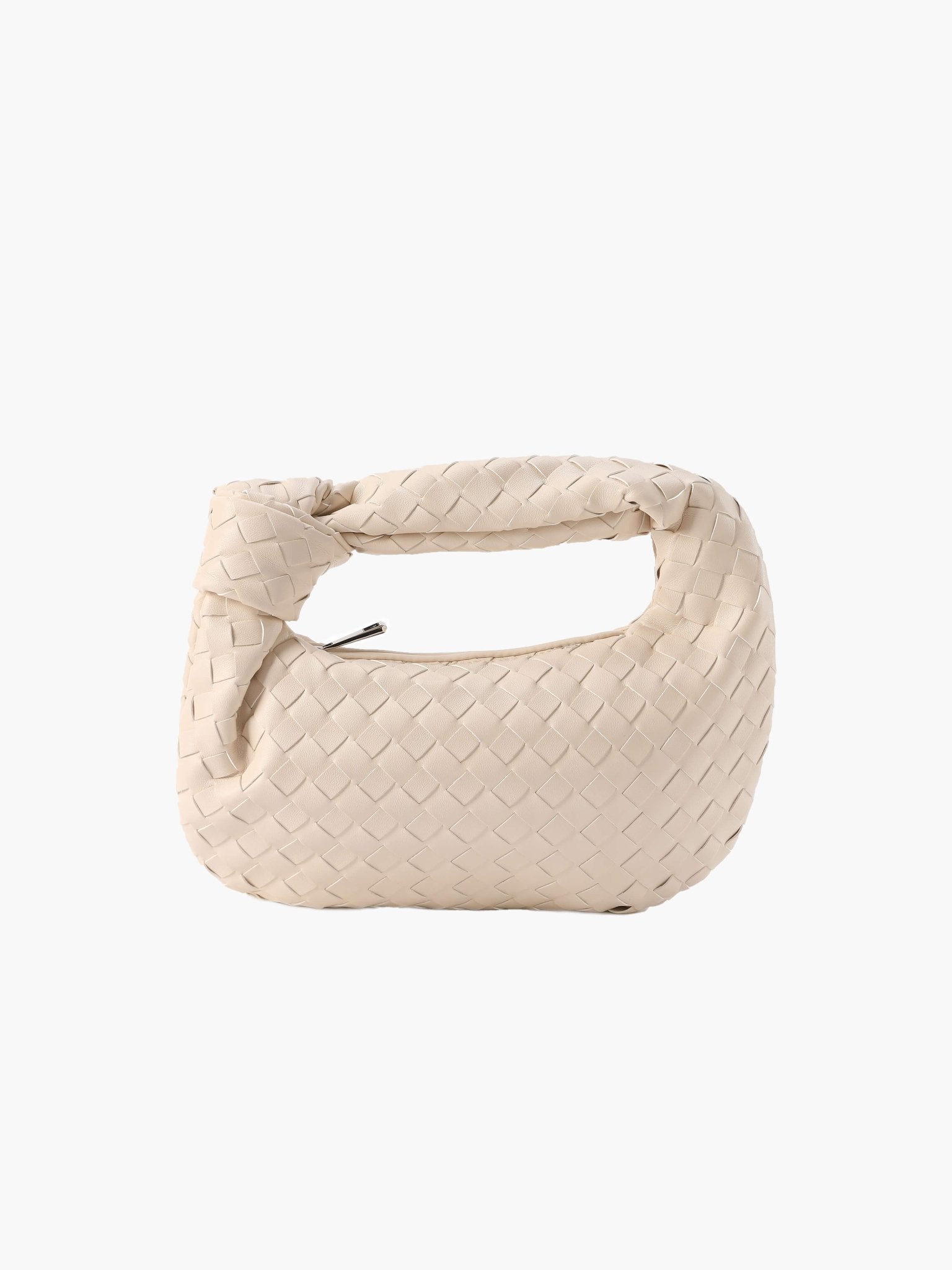 Woven Mini Handbag with Knot Handle and Silver-Tone Hardware - Cream