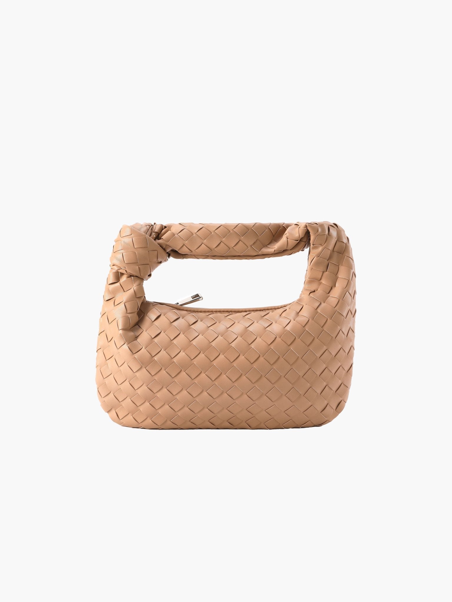 Woven Mini Handbag with Knot Handle and Silver-Tone Hardware - Beige