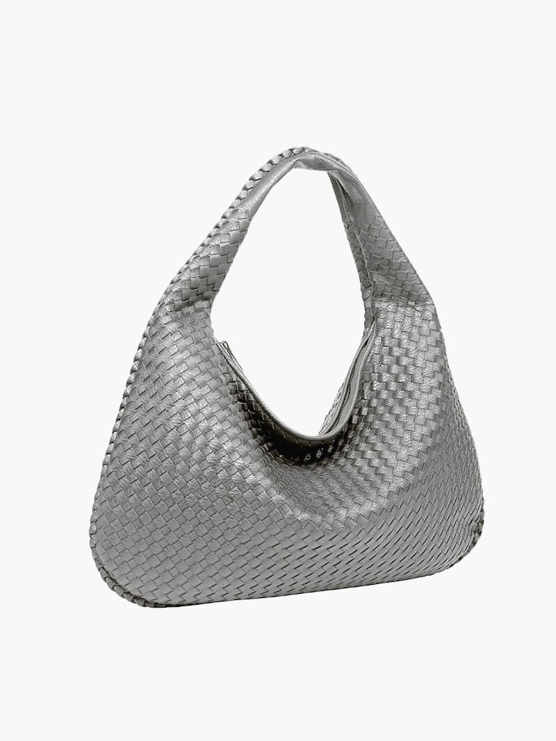 Oversized Woven Tote Bag with Braided Faux Leather Handle - Light Grey